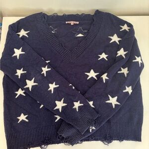 Blue and White V-Neck Star Sweater